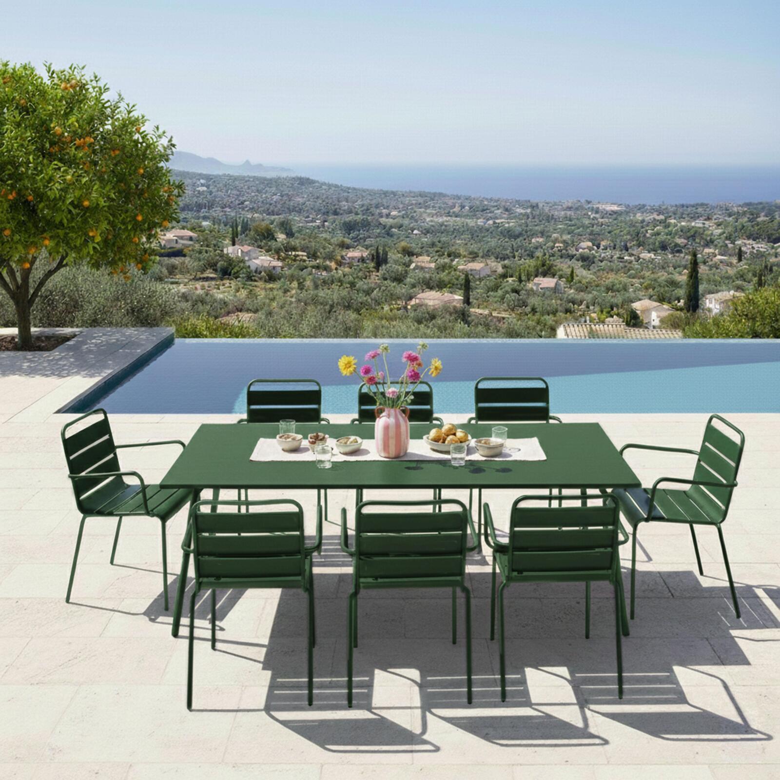 Table de terrasse en métal 180x90 cm et 8 chaises avec accoudoirs