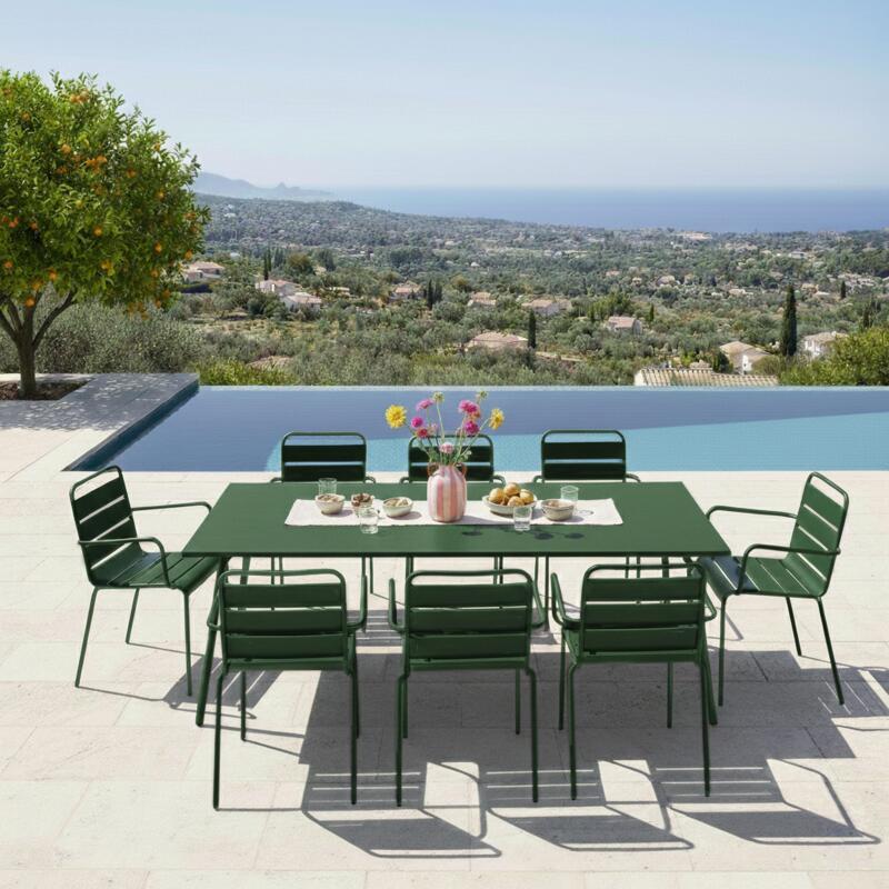 Table de terrasse en métal 180x90 cm et 8 chaises avec accoudoirs (2/10)