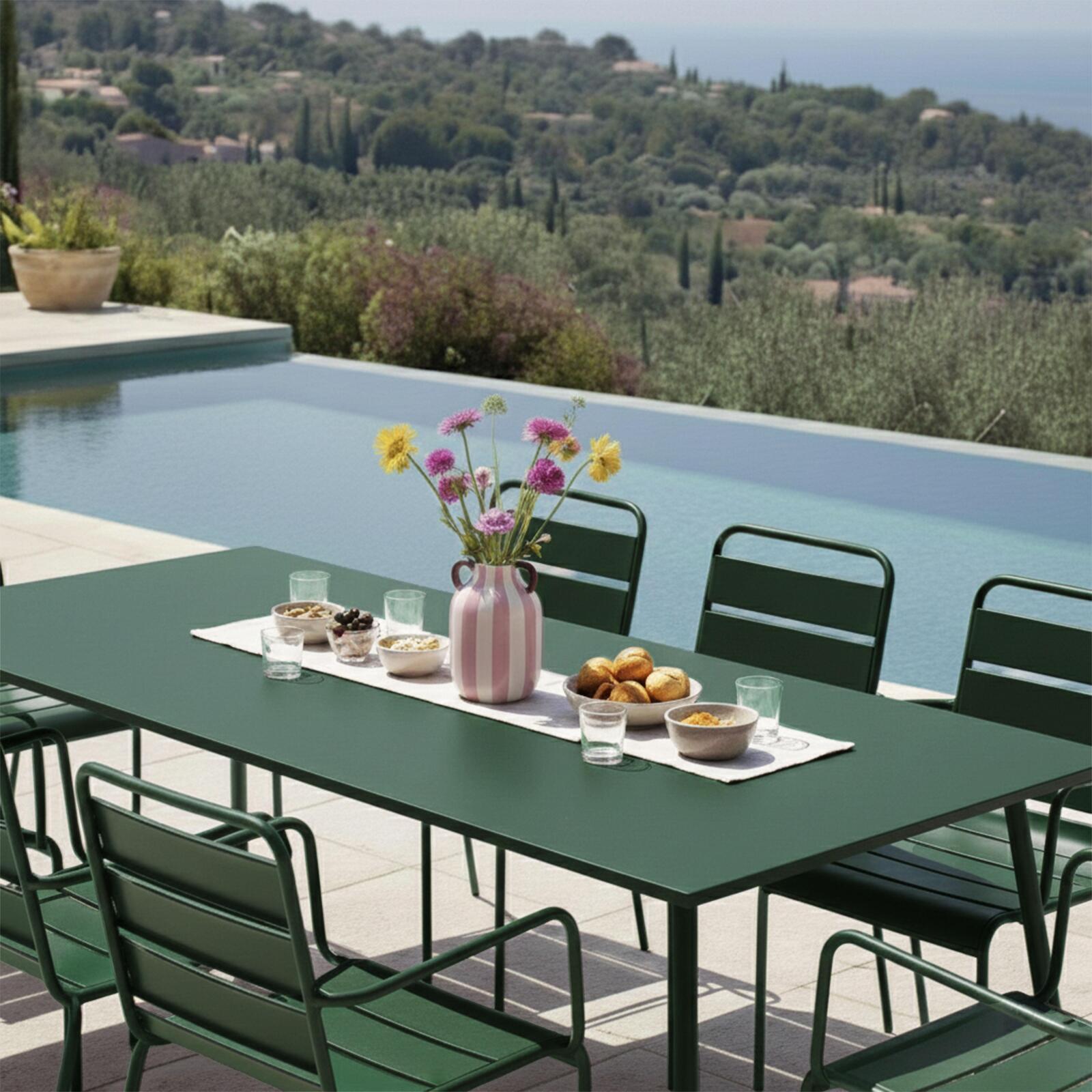 Table de terrasse en métal 180x90 cm et 8 chaises avec accoudoirs