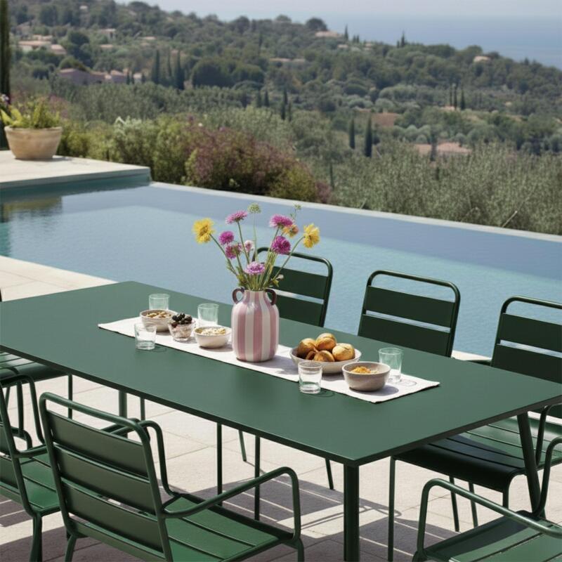 Table de terrasse en métal 180x90 cm et 8 chaises avec accoudoirs